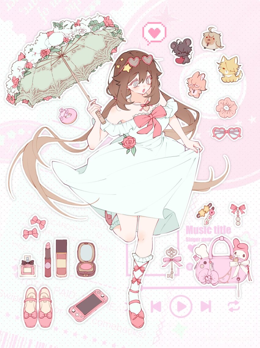 1girl, brown_hair, commentary, degrees_of_lewdity, dress, english_commentary, eyewear_on_head, hair_ornament, heart, heart-shaped_eyewear, highres, holding, holding_umbrella, jewelry, key, long_hair, looking_at_viewer, looking_to_the_side, low_twintails, my_melody_(series), necklace, nora_(you_niao), open_mouth, parasol, pink-framed_eyewear, player_character_(degrees_of_lewdity), player_character_(female)_(degrees_of_lewdity), sanrio, socks, solo, star_(symbol), star_hair_ornament, twintails, umbrella, white_dress, white_socks, you_niao