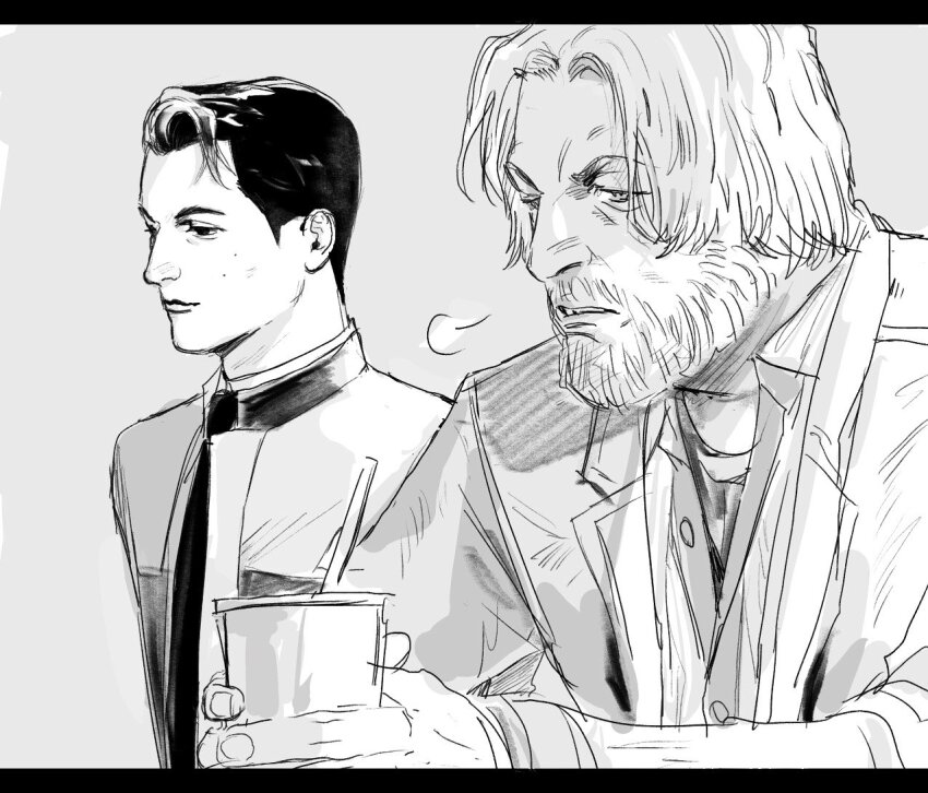 2boys, android, beard, breath, commentary_request, connor_(detroit), detroit:_become_human, facial_hair