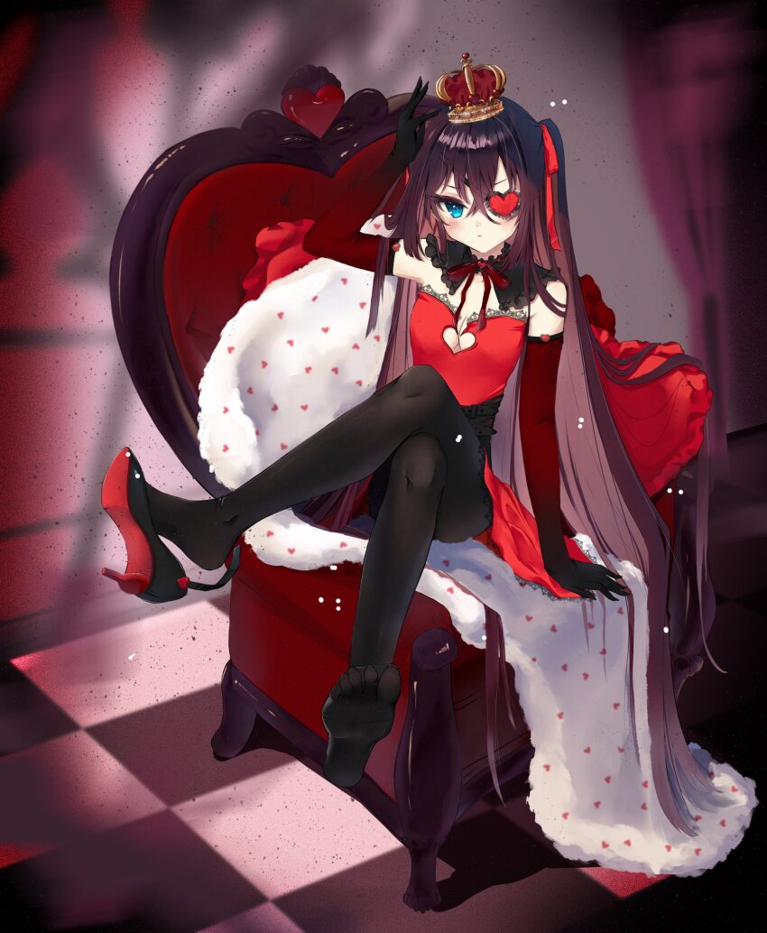 1girl, arm_up, armchair, bare_shoulders, black_pantyhose, black_shoes, blue_eyes, blurry