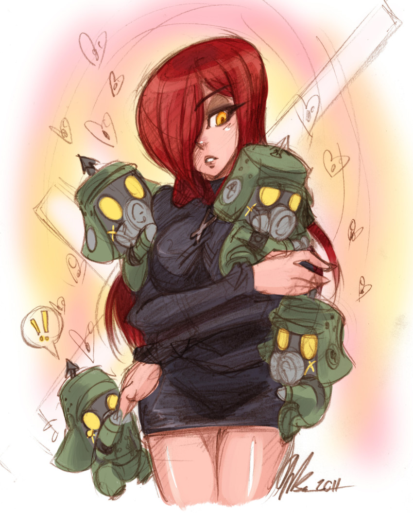 1girl, 4boys, absurdres, audrey_kare, black_egrets, black_skirt, breasts, hair_over_one_eye