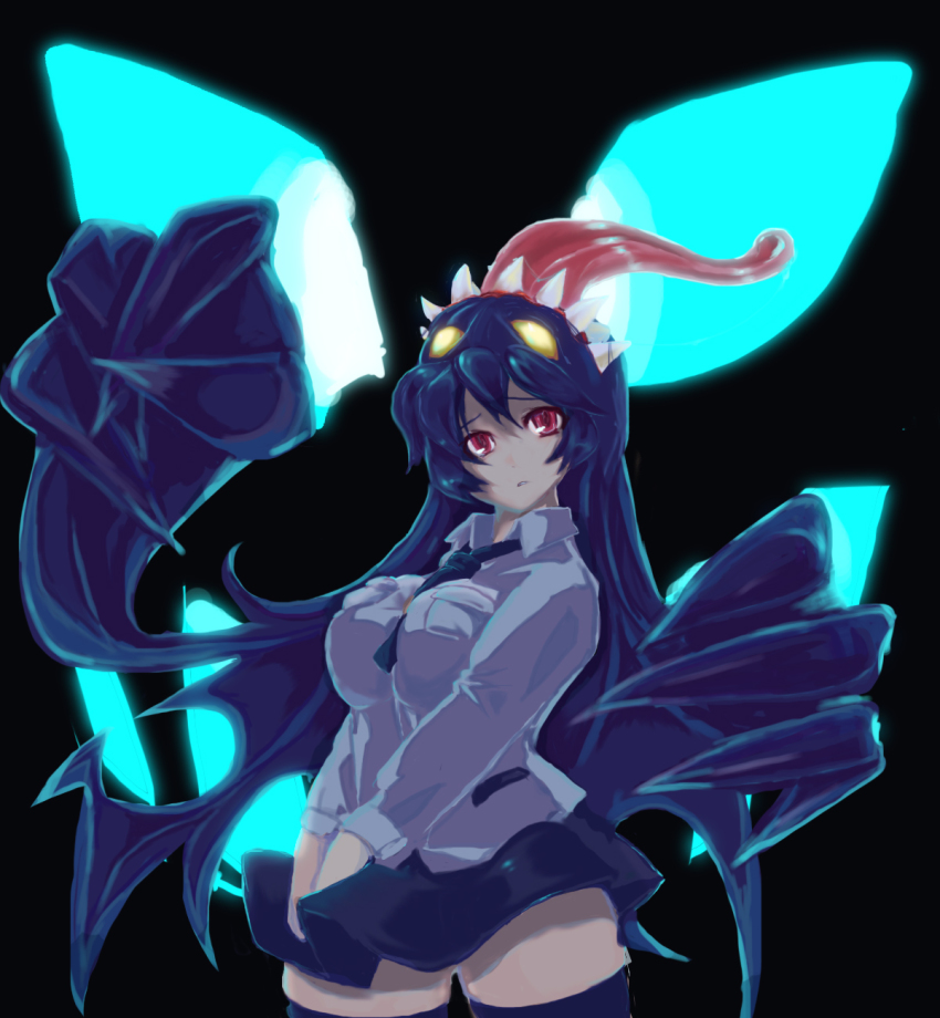 1girl, black_hair, black_thighhighs, breasts, curvy, extra_mouth, female_focus, filia_(skullgirls)