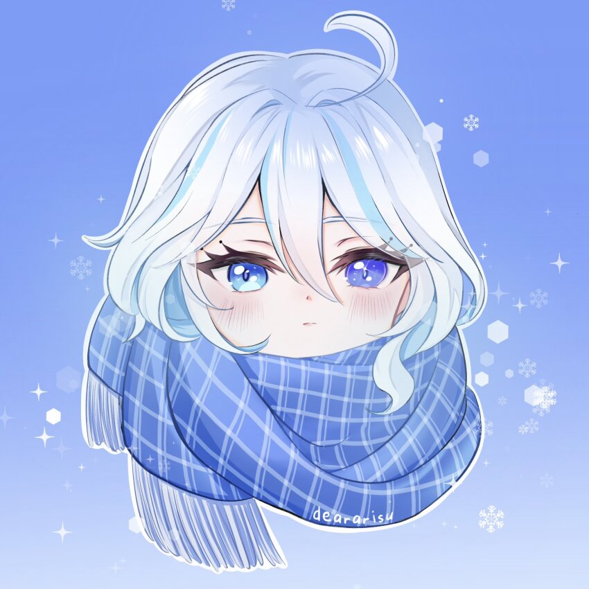 1girl, ahoge, blue_background, blue_eyes, blue_hair, blue_scarf, blush, closed_mouth