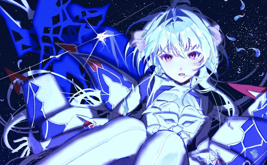 1girl, ahoge, blush, commentary_request, falling_petals, fate/grand_order, fate_(series), hair_ornament