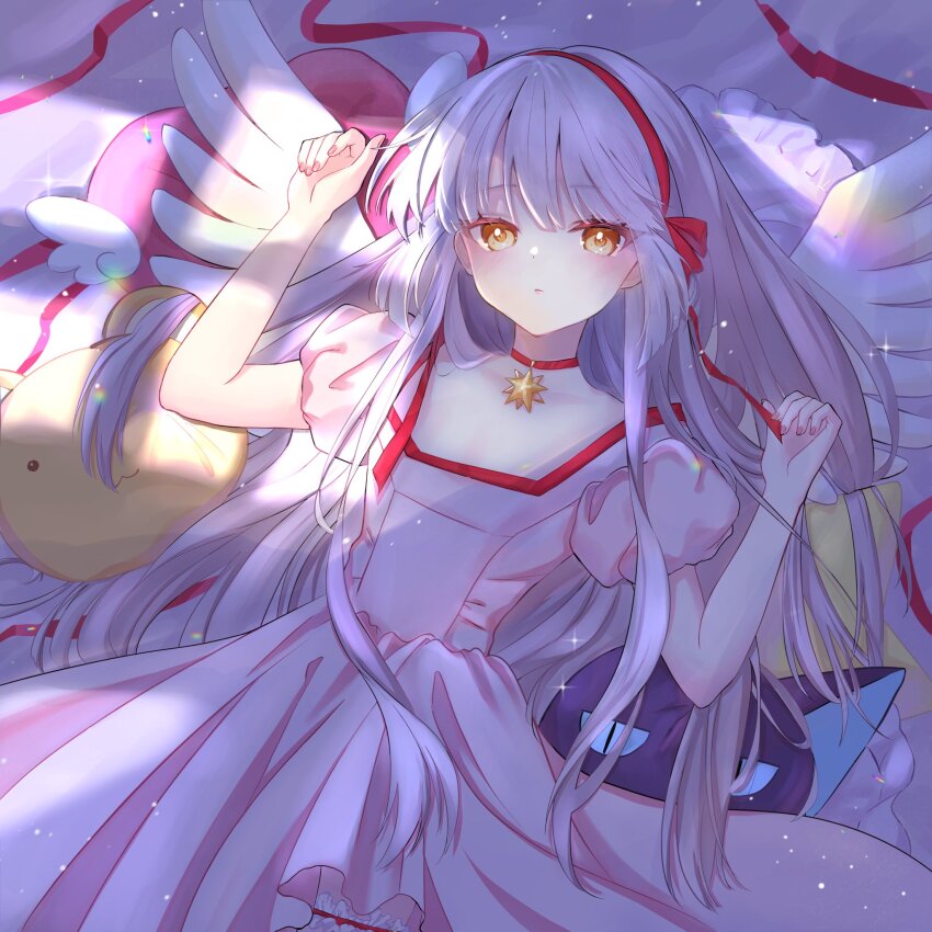 1girl, blush, cardcaptor_sakura, choker, choppy_bangs, closed_mouth, commentary, cosplay, cowboy_shot, dear_arisu, dress, english_commentary, feathered_wings, flat_chest, grey_hair, hands_up, highres, kinomoto_sakura, kinomoto_sakura_(cosplay), kinomoto_sakura_(princess_costume), long_hair, looking_at_viewer, lying, on_back, original, pink_dress, puffy_short_sleeves, puffy_sleeves, red_choker, short_sleeves, solo, star_(symbol), star_choker, wings, yellow_eyes