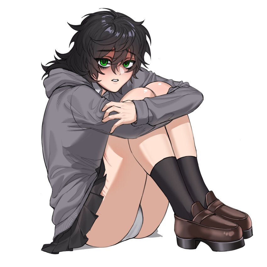 1girl, black_hair, black_skirt, black_socks, brown_shoes, commentary, degrees_of_lewdity, english_commentary, green_eyes, grey_hoodie, highres, hood, hoodie, kylar_(degrees_of_lewdity), kylar_(female)_(degrees_of_lewdity), lee31eexhao, long_hair, looking_at_viewer, panties, pleated_skirt, shoes, simple_background, sitting, skirt, socks, solo, underwear, white_background, white_panties