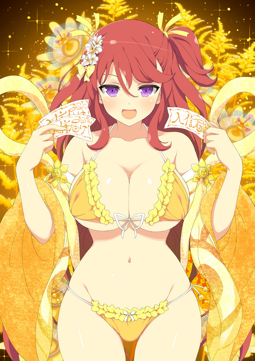 1girl, :d, armpit_crease, ashiya_(senran_kagura), beads, between_fingers, bikini, black_background, blush, bow, breasts, card_(medium), cleavage, collar, cowboy_shot, floral_background, flower, frilled_bikini, frills, front-tie_bikini_top, front-tie_top, gold_bikini, gold_flower, gold_robe, gradient_background, groin, hair_between_eyes, hair_bow, hair_flower, hair_ornament, hair_ribbon, highres, holding, holding_ofuda, holding_paper, japanese_clothes, kimono, large_breasts, light_particles, long_hair, looking_at_viewer, micro_bikini, navel, official_alternate_costume, official_art, ofuda, ofuda_between_fingers, one_side_up, open_clothes, open_mouth, open_robe, paper, purple_eyes, red_hair, ribbon, robe, senran_kagura, senran_kagura_new_wave, side-tie_bikini_bottom, side_ponytail, smile, solo, sparkle, string_bikini, swimsuit, underboob, white_flower, yellow_background, yellow_bow, yellow_kimono, yellow_ribbon
