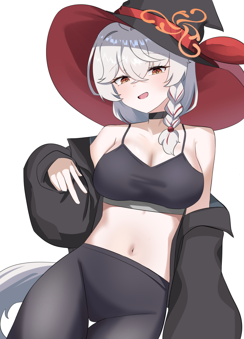 1girl, absurdres, black_choker, black_coat, black_sports_bra, blue_archive, breasts, choker, cleavage, coat, commentary_request, eri_(blue_archive), halo, hat, highres, korean_commentary, large_breasts, long_hair, looking_at_viewer, midriff, navel, open_mouth, orange_eyes, orange_halo, pants, sabnak66, simple_background, solo, sports_bra, tight_clothes, tight_pants, very_long_hair, white_background, white_hair, witch_hat, workout_clothes, yoga_pants