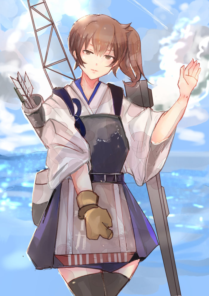 1girl, apron, blue_hakama, bow_(weapon), brown_eyes, brown_gloves, brown_hair, cowboy_shot