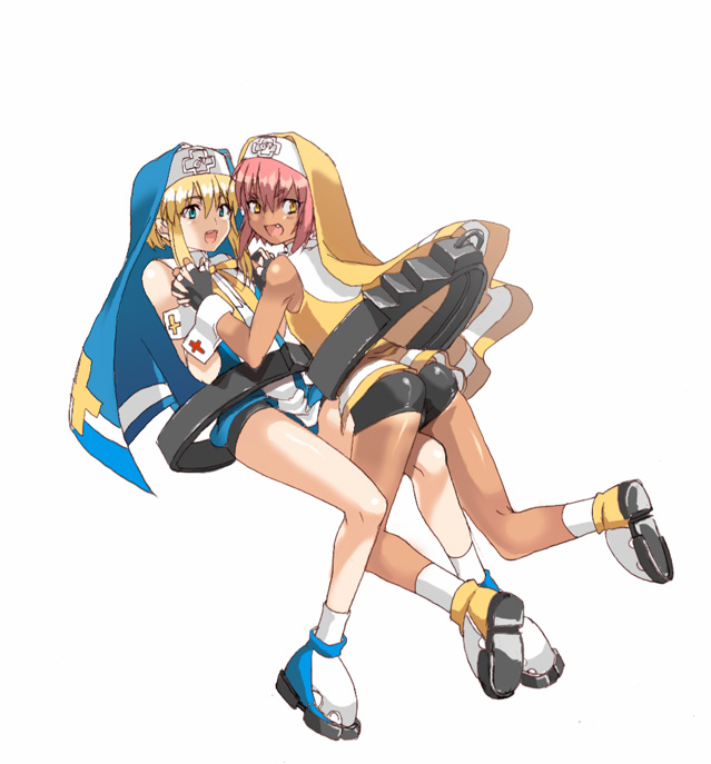 2boys, :d, alternate_color, ankle_boots, ass, bare_arms, bare_shoulders, bike_shorts, black_gloves, black_shorts, blonde_hair, blue_boots, blue_veil, blue_vest, boots, bridget_(guilty_gear), bulge, cross, cross_print, dark-skinned_male, dark_skin, dual_persona, fang, fingerless_gloves, floating_clothes, full_body, gloves, green_eyes, guilty_gear, guilty_gear_xx, guimpe, hair_between_eyes, interlocked_fingers, latin_cross, long_sidelocks, looking_at_viewer, looking_back, looking_to_the_side, male_focus, mars_symbol, multiple_boys, neck_ribbon, nun, nun_headdress, object_belt, official_alternate_color, open_mouth, oversized_object, panty_bulge, pink_hair, player_2, ribbon, selfcest, shirt, shoe_soles, short_hair, short_hair_with_long_locks, shorts, sidelocks, sleeveless, sleeveless_shirt, smile, socks, straddling, tan, tanline, teeth, thigh_straddling, trap, tubumi, turning_head, upper_teeth_only, veil, vest, white_background, white_shirt, white_socks, white_trim, white_wrist_cuffs, wrist_cuffs, yaoi, yellow_eyes, yellow_ribbon, yellow_veil