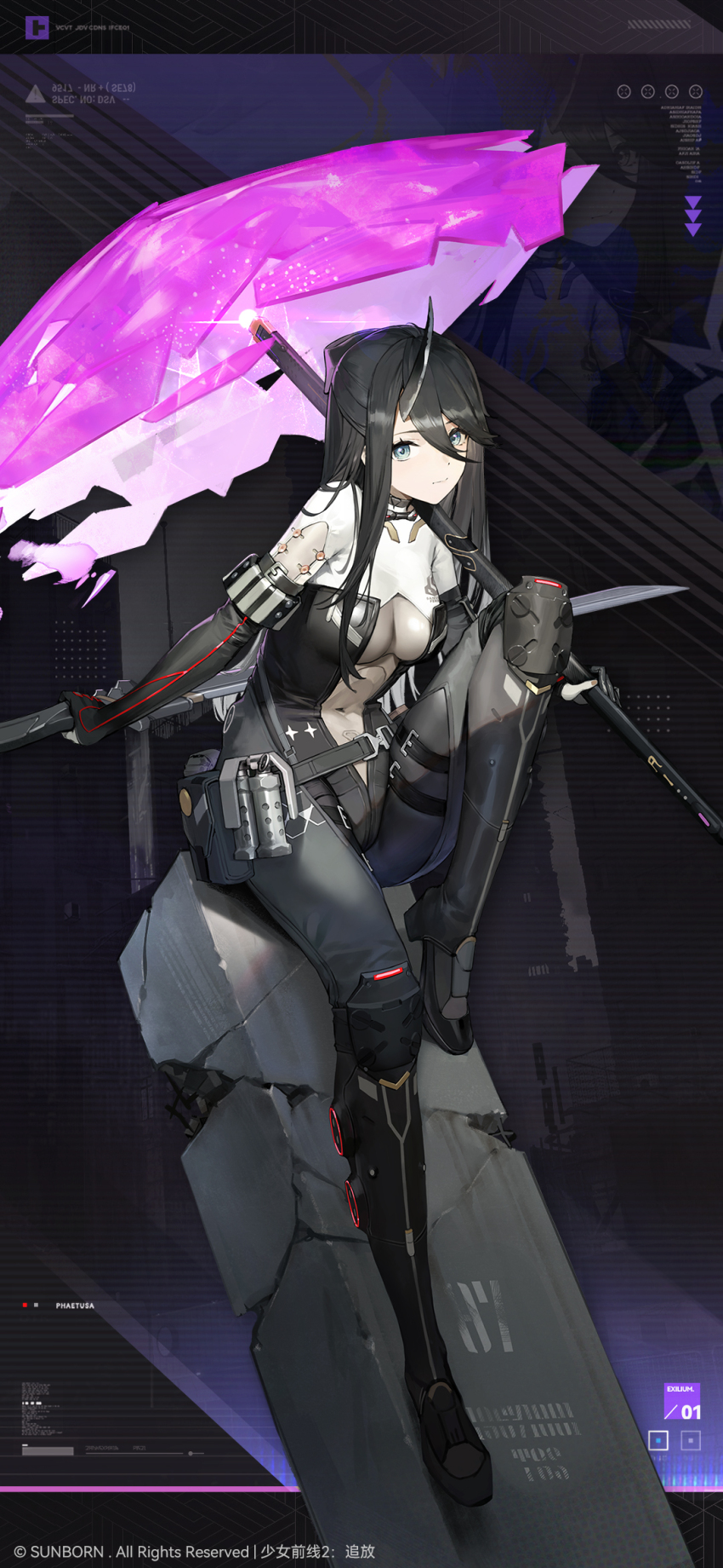 1girl, artist_request, black_hair, blue_eyes, bodysuit, girls'_frontline, girls'_frontline_2:_exilium, highres