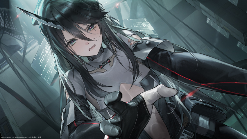 1girl, artist_request, black_hair, from_below, game_cg, girls'_frontline, girls'_frontline_2:_exilium, highres, horns, long_hair, official_art, parted_lips, phaetusa_(girls'_frontline_2), reaching, reaching_towards_viewer, sangvis_ferri, second-party_source, single_horn, solo