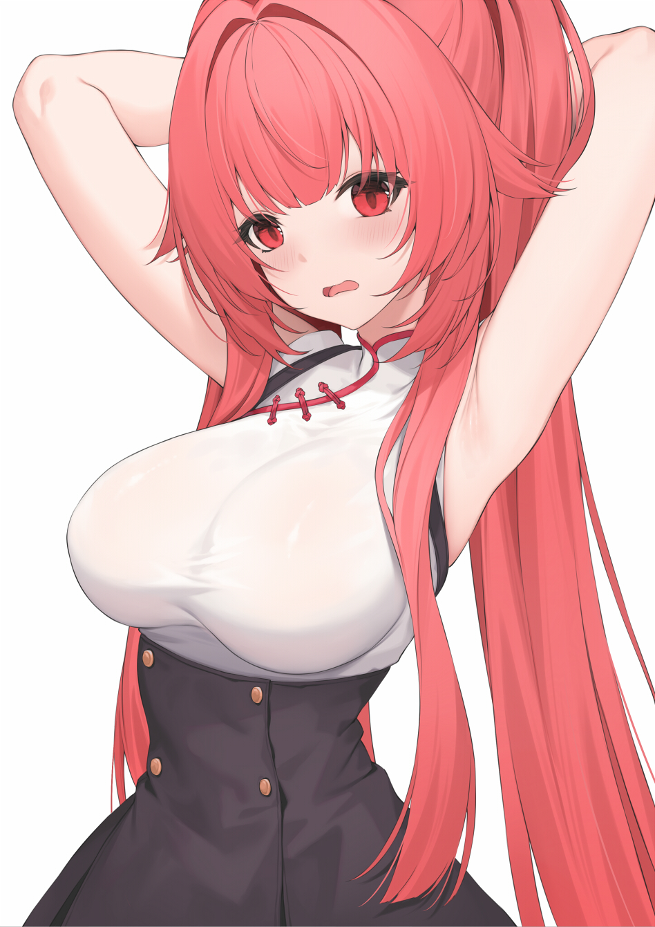 1girl, armpits, arms_up, black_skirt, blush, breasts, chaos_zero_nightmare, commentary_request