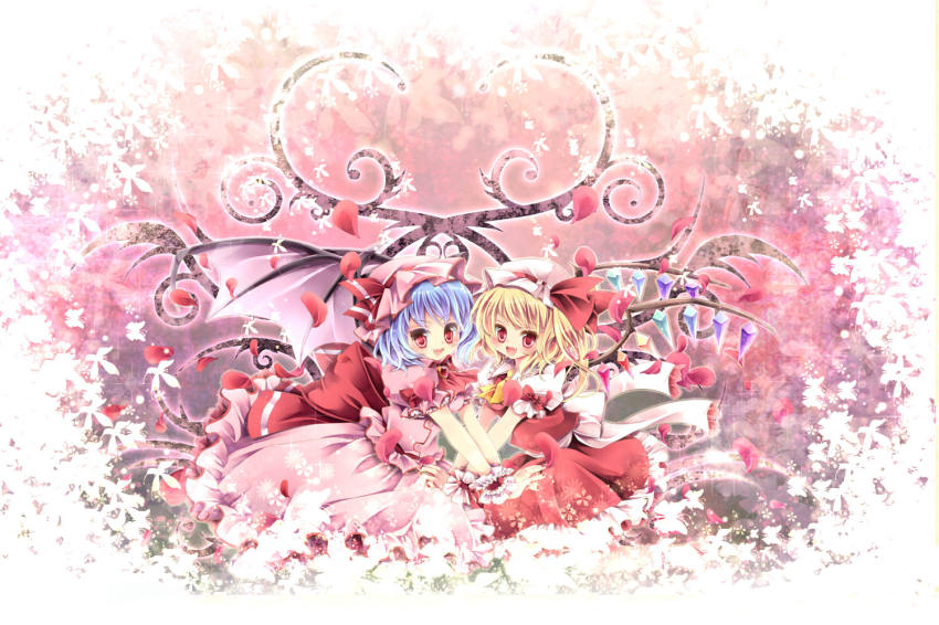 2girls, ascot, bad_id, bad_pixiv_id, bat_wings, blonde_hair, blue_hair, bow