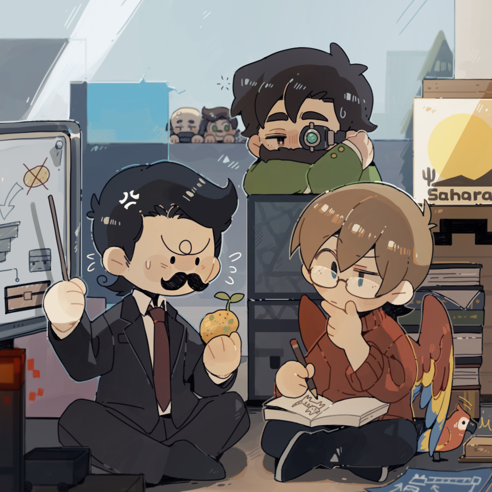 5boys, animification, artificial_eye, beard, bird, bird_boy, bird_wings, black_hair, blue_eyes, book, brown_eyes, brown_hair, chibi, chibi_only, commentary, cubfan135, english_commentary, facial_hair, formal_clothes, glasses, goodtimeswithscar, green_jacket, grian_(youtuber), hermitcraft, holding, iskall85, jacket, jellie_(hermitcraft), luminous_slime, male_focus, mechanical_eyes, minecart, minecraft, minecraft_youtube, multiple_boys, mumbo_jumbo_(youtuber), mustache, parrot, parrot_boy, potato, red_sweater, short_hair, single_mechanical_eye, sitting, suit, sweater, whiteboard, wings