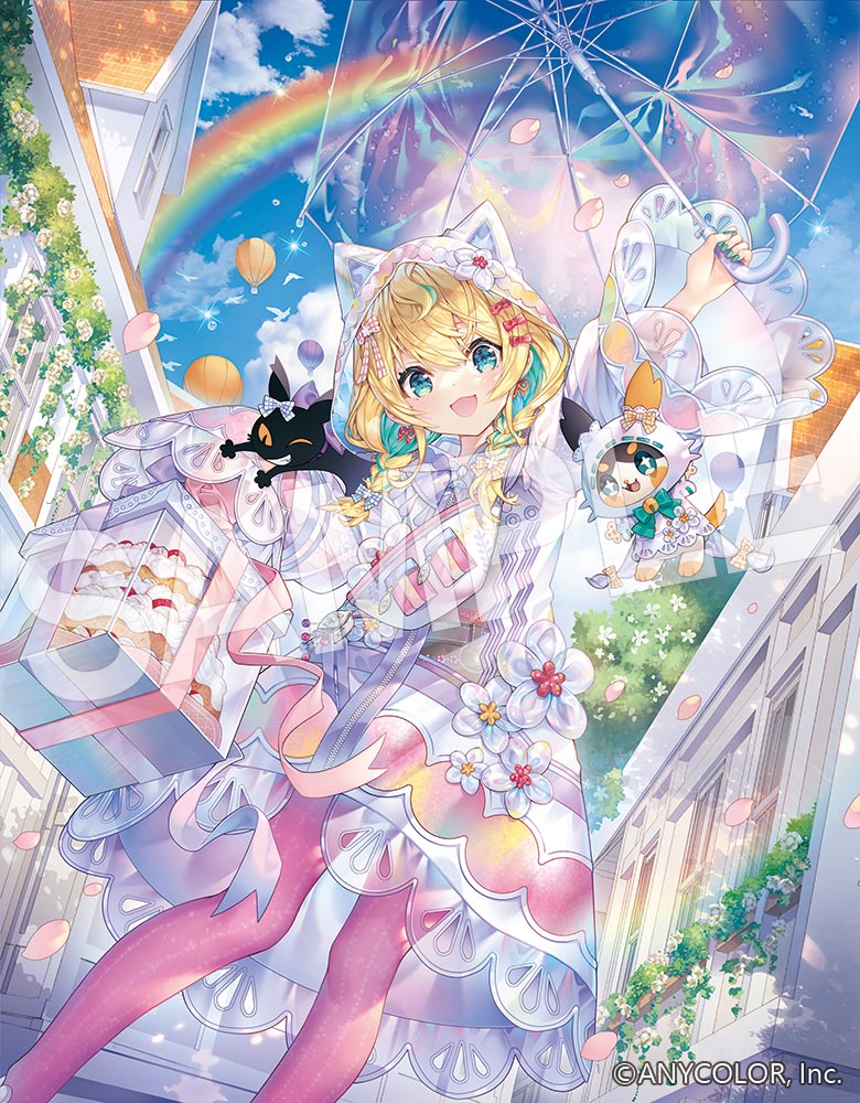 1girl, 909_(kagetsu99), :3, animal_hood, aqua_eyes, aqua_hair, blonde_hair, blue_sky