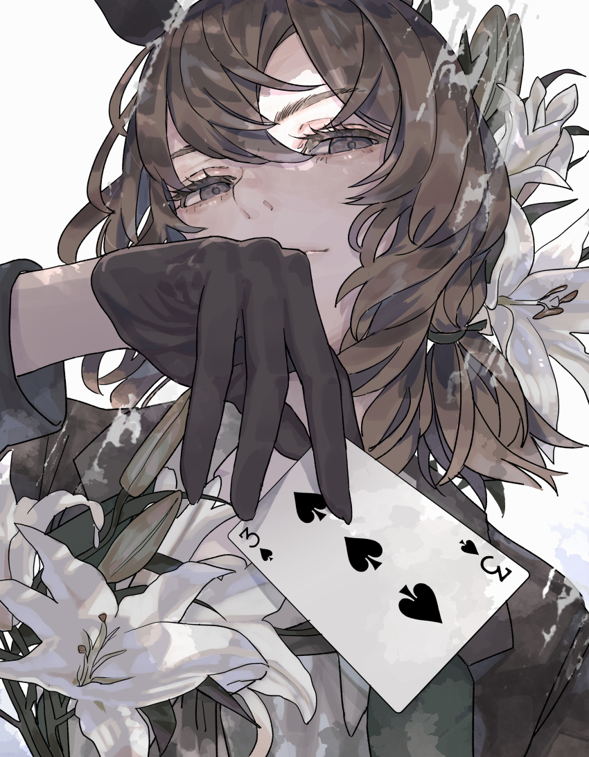 1girl, absurdres, animal_ears, black_gloves, brown_eyes, brown_hair, card, closed_mouth