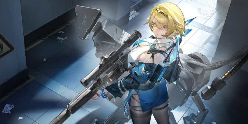 1girl, absurdres, between_breasts, black_bra, black_pantyhose, blonde_hair, blue_eyes, blue_necktie, blue_skirt, bra, breasts, cuffs, dalanxia, from_above, game_cg, girls'_frontline, girls'_frontline_2:_exilium, gloves, hair_intakes, hairband, handcuffs, highres, kulich_(girls'_frontline_2), large_breasts, mole, mole_under_eye, multicolored_hairband, necktie, necktie_between_breasts, nikketa_(girls'_frontline_2), non-humanoid_robot, official_art, pantyhose, partially_fingerless_gloves, robot, robot_animal, robot_dog, short_hair, side_slit, skirt, solo, standing, two-tone_hairband, underwear, vsk-94, vsk-94_(girls'_frontline)
