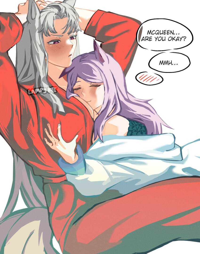 2girls, animal_ears, arms_up, bathrobe, between_breasts, blush, breasts, closed_eyes, closed_mouth, coat, commentary_request, cuddling, english_text, face_between_breasts, gold_ship_(umamusume), grabbing_another's_breast, grey_hair, groping, head_between_breasts, highres, horse_ears, horse_girl, horse_tail, lampy_uikoko, large_breasts, long_hair, mejiro_mcqueen_(umamusume), multiple_girls, purple_eyes, purple_hair, red_coat, smile, speech_bubble, tail, umamusume, white_coat, yuri