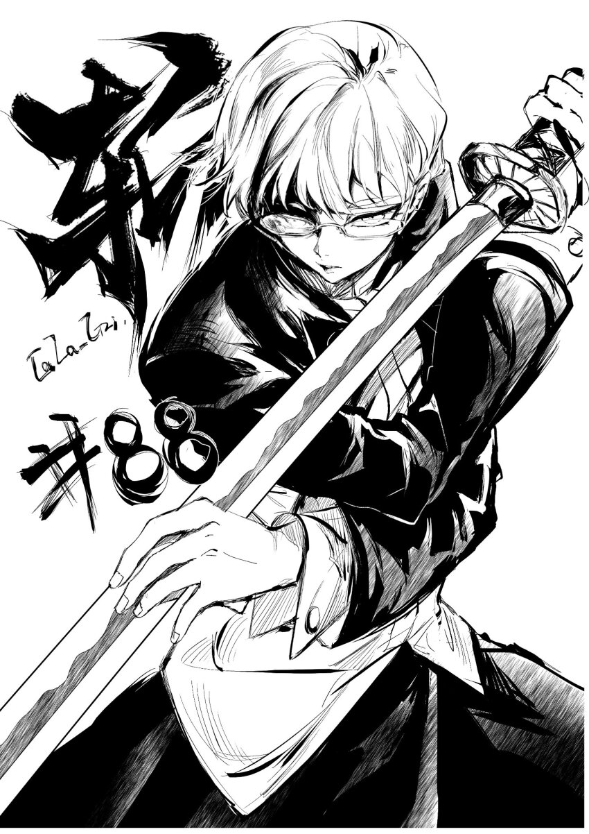 1girl, character_name, cropped_jacket, glasses, greyscale, highres, holding, holding_sword, holding_weapon, jacket, kagurabachi, monochrome, ootachi, open_clothes, open_jacket, semi-rimless_eyewear, shirakai_kiri, shirt, short_hair, signature, simple_background, solo, sword, tomboy, upper_body, weapon, whalebone_1022
