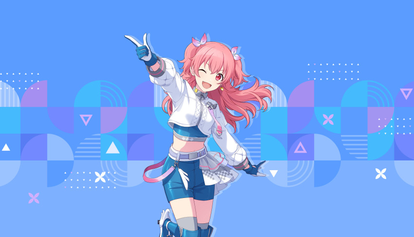 1girl, ;d, belt, blue_background, blue_gloves, blue_shorts, colorful_palette, cropped_jacket, ear_piercing, earrings, finger_gun, foot_out_of_frame, game_cg, gloves, grey_socks, grin, grow_glorious_glow_(project_sekai), highres, jacket, jewelry, momoi_airi, official_art, one_eye_closed, open_mouth, piercing, pink_hair, project_sekai, purple_belt, red_eyes, shorts, single_earring, smile, socks, solo, teeth, third-party_source, tongue, triangle, two-tone_gloves, two_side_up, white_gloves, white_jacket