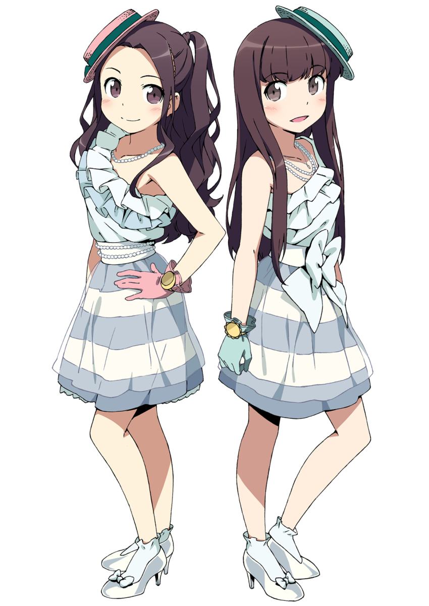 2girls, alice_(claris), bare_shoulders, blue_dress, brown_eyes, brown_hair, clara_(claris), claris_(group), dress, frills, full_body, gloves, hand_on_own_hip, hat, high_heels, highres, hip_focus, jewelry, kanzaki_hiro, long_hair, medium_dress, multiple_girls, necklace, official_art, open_mouth, ribbon, shoes, simple_background, skirt, sleeveless, sleeveless_dress, smile, socks, standing, striped_clothes, striped_dress, striped_skirt, white_background