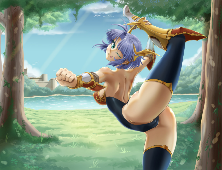 1girl, ;p, anander0, armor, armored_boots, ass, bare_shoulders, bikini_armor