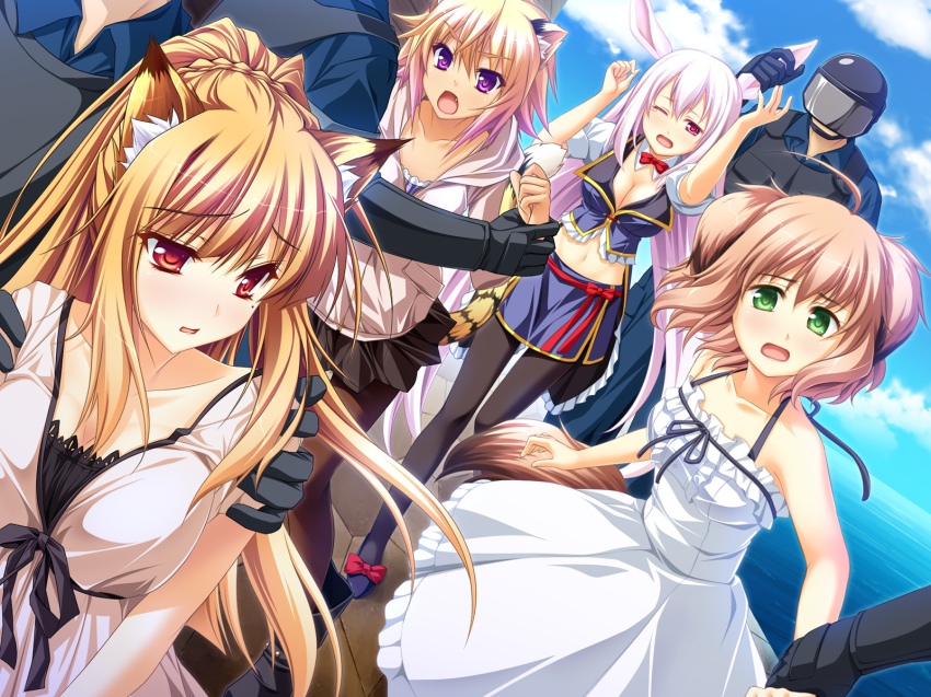 2boys, 4girls, animal_ears, blonde_hair, blush, breasts, brown_hair, byoubu_tetora, cleavage, dog_ears, dog_girl, dog_tail, dress, fang, fox_ears, fox_girl, frills, game_cg, gradient_hair, green_eyes, highres, holding_another's_wrist, koya_chachako, kusahara_hanemi, large_breasts, long_hair, miyama_kon, mole, multicolored_hair, multiple_boys, multiple_girls, no_bra, otomimi_infinity, outdoors, pink_eyes, pink_hair, purple_eyes, rabbit_ears, rabbit_girl, ribbon, scared, sky, tail, tears, tiger_ears, tiger_girl, tiger_tail, water