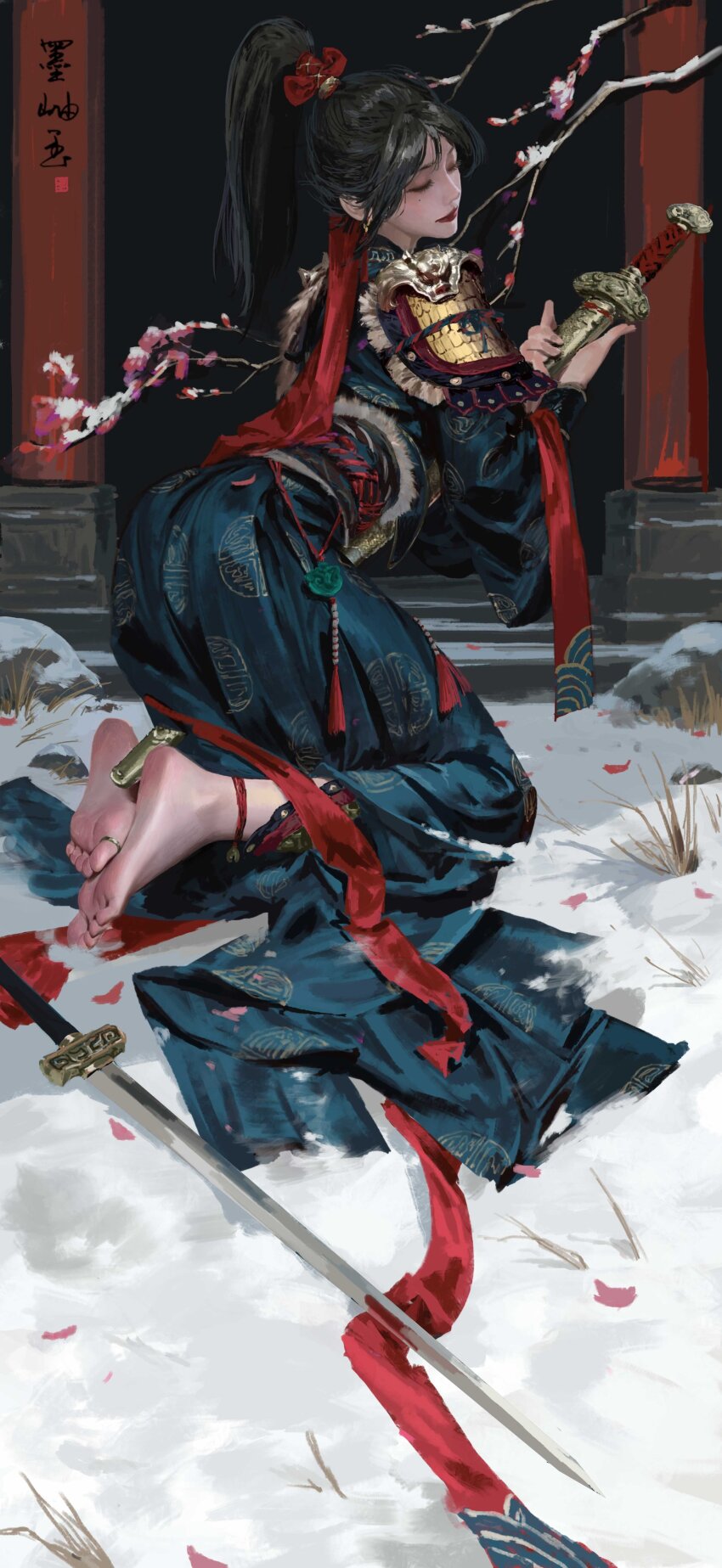 1girl, absurdres, armor, barefoot, black_hair, black_sash, branch, chinese_clothes