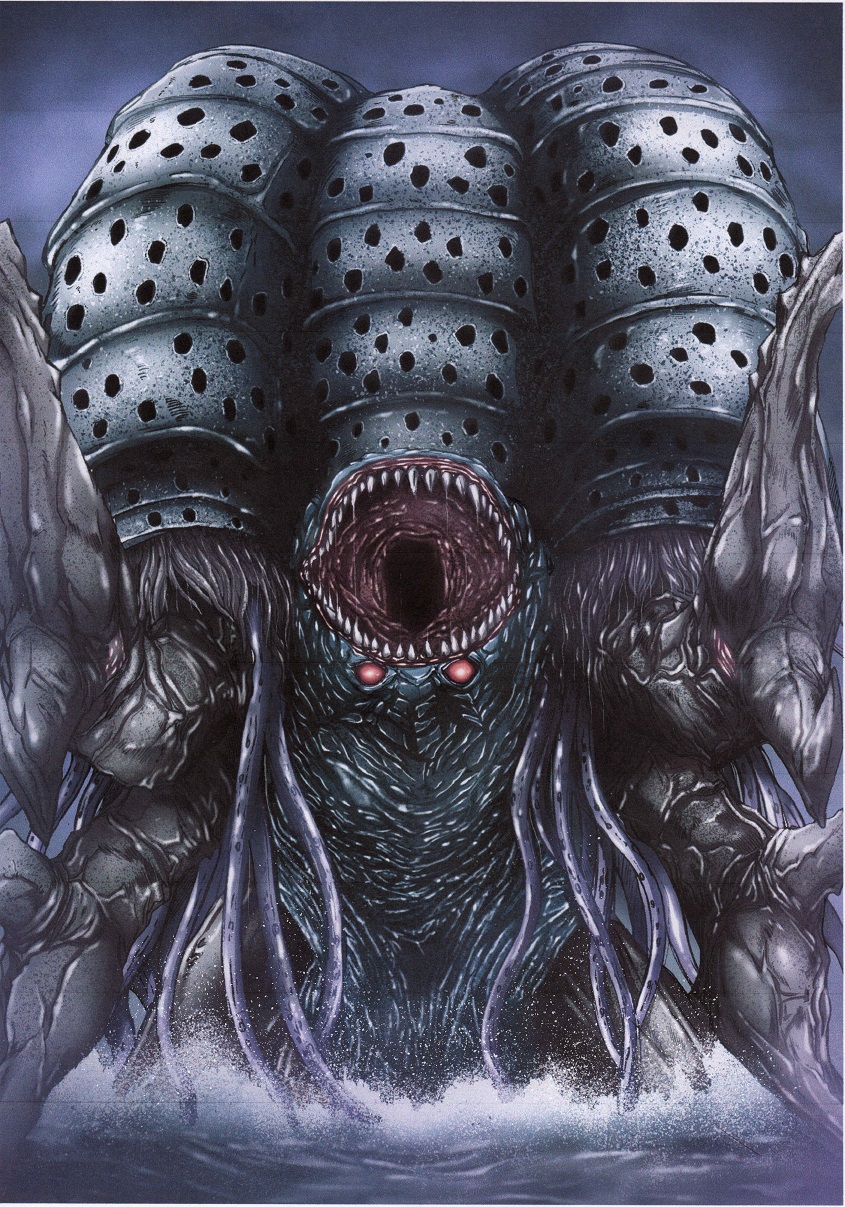 commentary_request, eldritch_abomination, gatanothor, highres, kaiju, monster, no_humans, ocean, red_eyes, sea_monster, sharp_teeth, solo, teeth, tentacles, tsuburaya_productions, ultra_series, ultraman_tiga_(series), upside-down_face, variant_set, wasugabakuhatu, water