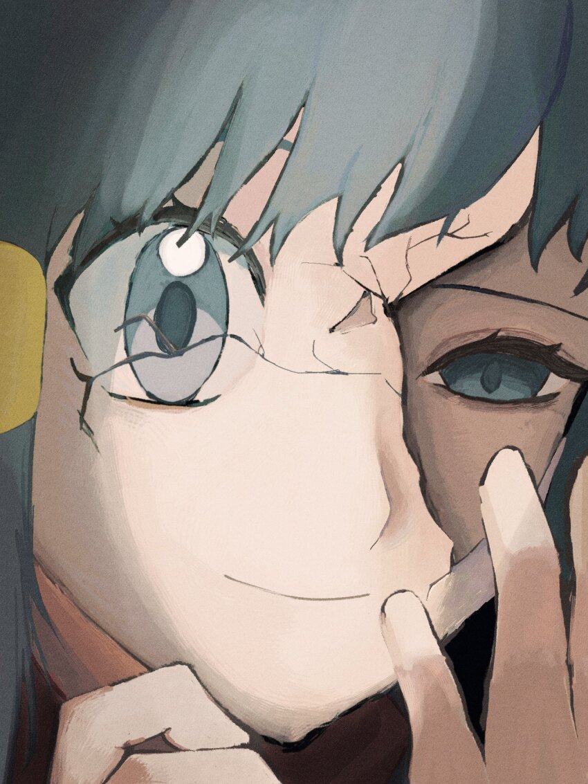 1girl, black_hair, blue_eyes, blue_hair, broken_mask, close-up, crack, cracked_kawaii_mask