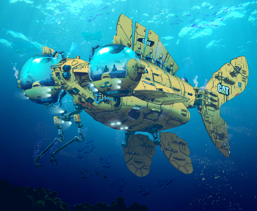 absurdly_detailed_composition, absurdres, air_bubble, ambiguous_gender, animal-themed_vehicle, bubble, commentary, coral_reef