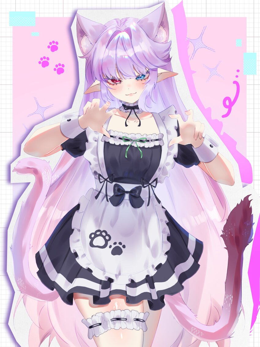 1girl, :3, absurdres, animal_ears, apron, black_bow, black_choker, black_dress, blue_eyes, blush, bow, cat_ears, cat_girl, cat_tail, choker, closed_mouth, collarbone, commentary, commission, cowboy_shot, dress, english_commentary, frilled_apron, frilled_choker, frills, hands_up, heterochromia, highres, icy_artzy, indie_virtual_youtuber, long_hair, looking_at_viewer, maid, mewukki_(vtuber), multiple_tails, pink_background, pointy_ears, purple_eyes, red_eyes, second-party_source, short_dress, short_sleeves, smile, solo, swept_bangs, tail, thigh_strap, two_tails, very_long_hair, virtual_youtuber, white_apron, white_wrist_cuffs, wrist_cuffs