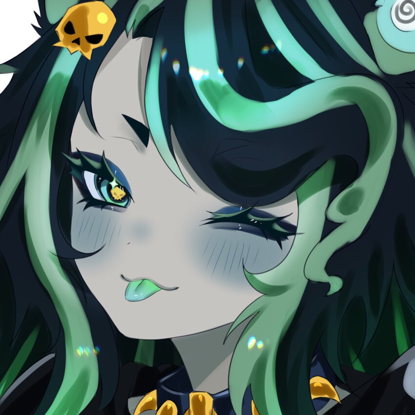 1girl, :3, blush, closed_mouth, colored_skin, commentary, commission, english_commentary, green_eyes, green_hair, green_skin, hair_ornament, highres, icy_artzy, indie_virtual_youtuber, long_hair, looking_at_viewer, multicolored_hair, necromata_(vtuber), one_eye_closed, parted_bangs, portrait, second-party_source, skull-shaped_pupils, skull_hair_ornament, smile, solo, streaked_hair, symbol-shaped_pupils, tongue, tongue_out, virtual_youtuber, yellow_pupils