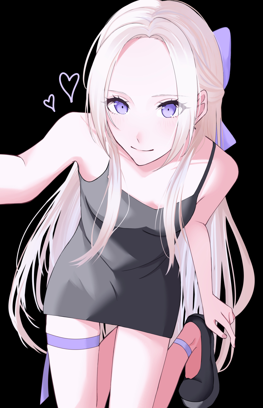 1girl, absurdres, alternate_costume, arururunnnn, bare_arms, bare_shoulders, black_background, black_dress, bow, breasts, closed_mouth, commentary_request, dress, edelgard_von_hresvelg, fire_emblem, fire_emblem:_three_houses, forehead, grey_hair, hair_bow, highres, long_hair, looking_at_viewer, nintendo, purple_bow, purple_eyes, simple_background, sleeveless, sleeveless_dress, small_breasts, smile, solo, very_long_hair