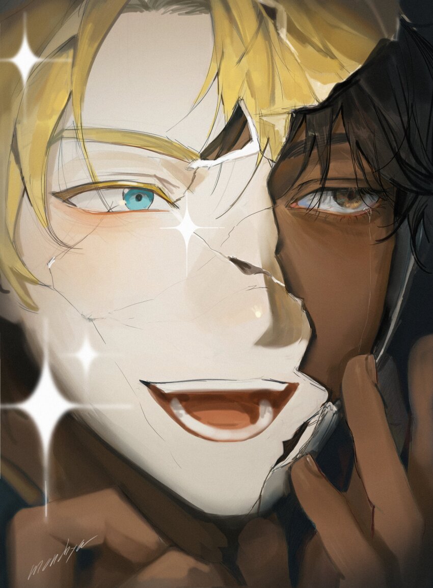 1boy, absurdres, alberu_crossman, black_hair, blonde_hair, blue_eyes, broken_glass, brown_eyes