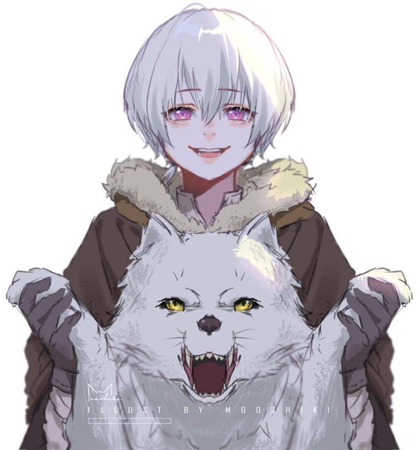 1boy, animal, brown_coat, coat, double-parted_bangs, fumetsu_no_anata_e, fur-trimmed_coat, fur_trim