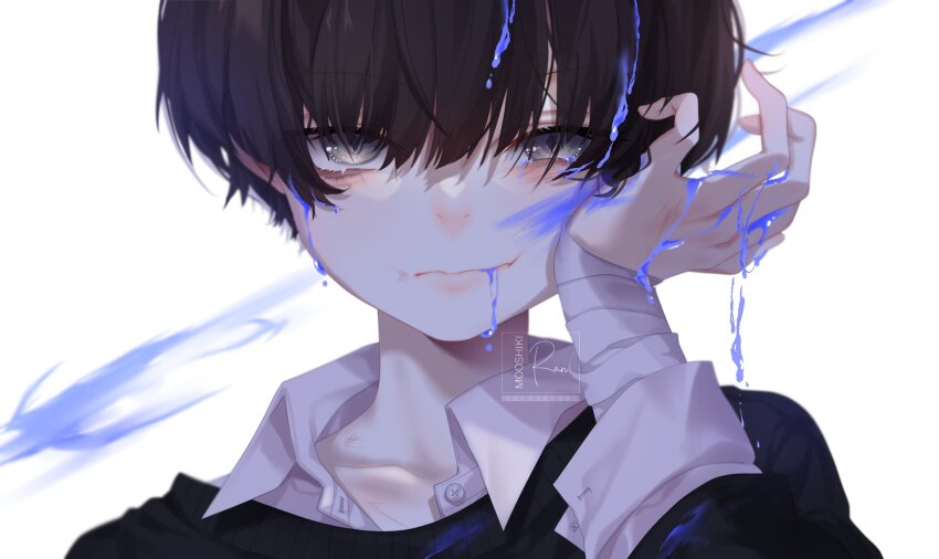 1boy, bandaged_arm, bandages, black_hair, black_shirt, blood, blood_from_mouth, blood_in_hair