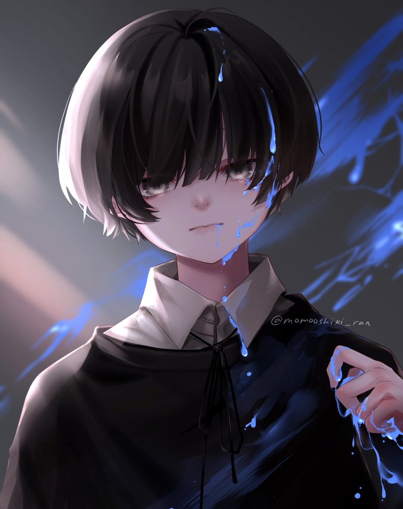 1boy, black_hair, black_shirt, blood, blood_in_hair, blood_on_clothes, blood_on_hands, blue_blood, closed_mouth, commentary, english_commentary, grey_eyes, hair_between_eyes, hand_up, looking_at_viewer, male_focus, mooshiki, nose, original, shirt, short_hair, solo, upper_body