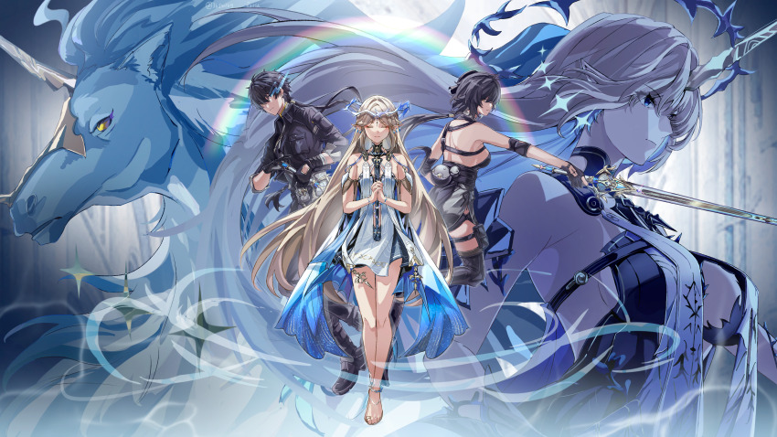 1boy, 3girls, absurdres, bare_legs, bare_shoulders, black_dress, black_gloves, black_hair