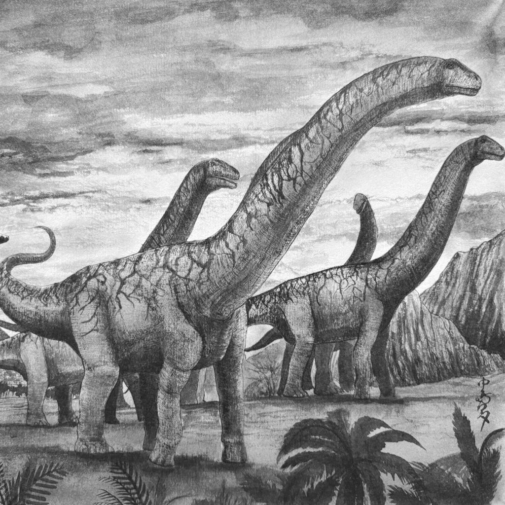 animal_focus, argentinosaurus, cloud, cloudy_sky, commentary_request, day, dinosaur, fern