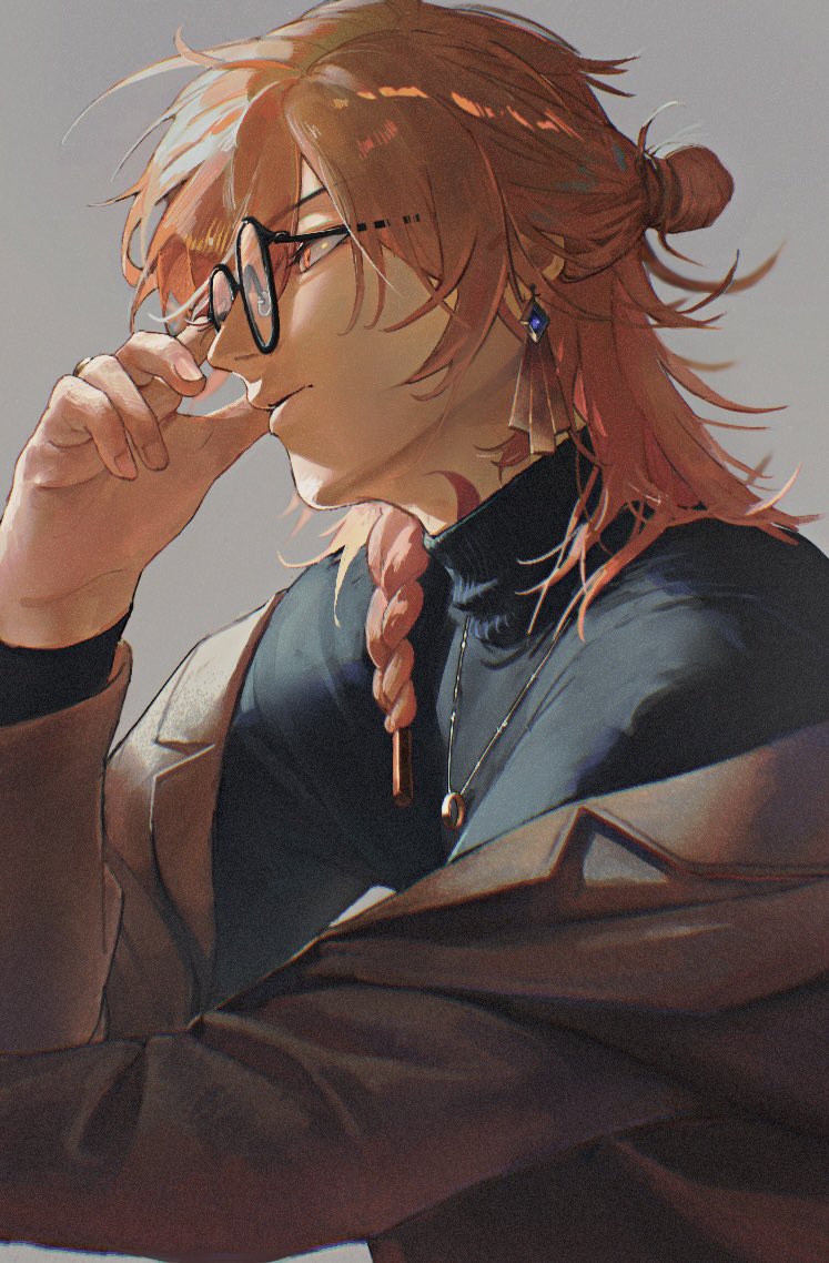 1boy, alternate_costume, aonon_040, bespectacled, black-framed_eyewear, braid, commentary_request, contemporary, earrings, glasses, grey_background, high_collar, honkai:_star_rail, honkai_(series), jacket, jewelry, long_sleeves, looking_to_the_side, male_focus, mydei_(honkai:_star_rail), necklace, off_shoulder, orange_shirt, red_tattoo, round_eyewear, shirt, side_braid, simple_background, single_braid, solo, suit_jacket, sweater, turtleneck, turtleneck_sweater, upper_body