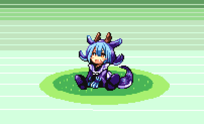1girl, blue_hair, blue_tail, chibi, dragon_girl, dragon_horns, dragon_tail, green_background, horns, laundry_dragonmaid, maid, nintendo, pixel_art, pochi_dot, pokemon, solo, tail, yu-gi-oh!