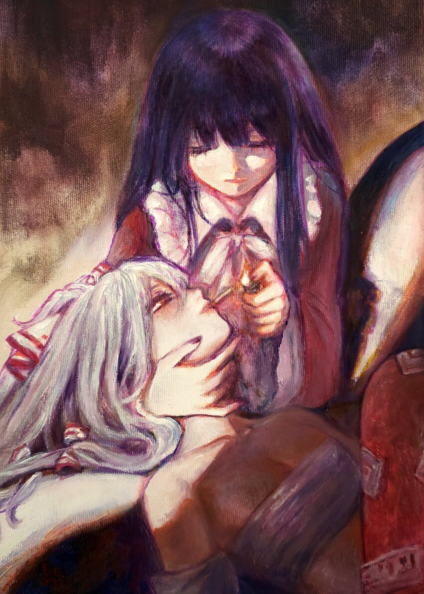 2girls, absurdres, black_hair, breasts, cigarette, cleavage, commentary, english_commentary, fire, fujiwara_no_mokou, hair_ribbon, hand_on_another's_neck, highres, holding, holding_lighter, houraisan_kaguya, lighter, lighting_another's_cigarette, long_hair, long_sleeves, looking_at_another, lying_on_lap, multiple_girls, neck_ribbon, oil_painting_(medium), painting_(medium), pants, red_eyes, red_pants, ribbon, sarashi, small_breasts, svveetberry, touhou, traditional_media, unlit_cigarette_in_mouth, white_hair, white_ribbon, wide_sleeves, yuri