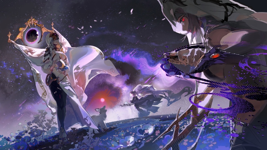 3girls, absurdres, aiona_(silver_and_blood), animal, baby_animal, blindfold_mask, breasts, cape