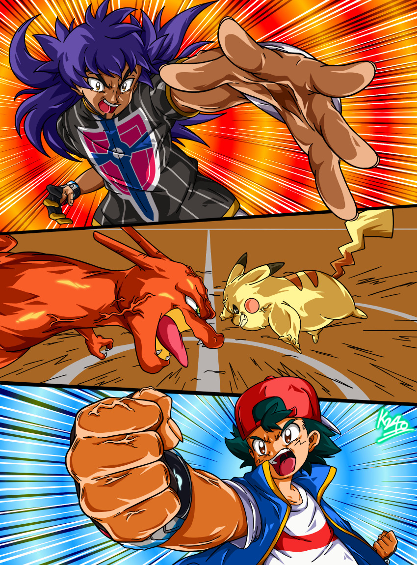 0bd67g5r3250-2m, 2boys, aqua_hair, ash_ketchum, backwards_hat, baseball_cap, black_gloves, black_shirt, blue_vest, bracelet, brown_eyes, champion_uniform, charizard, clenched_hands, clenched_teeth, commentary_request, dark-skinned_male, dark_skin, dynamax_band, emphasis_lines, facial_hair, fangs, fingernails, foreshortening, gen_1_pokemon, gloves, goatee, hat, highres, jewelry, leon_(pokemon), long_hair, male_focus, mismatched_eyebrows, multiple_boys, nintendo, open_clothes, open_mouth, open_vest, partially_fingerless_gloves, pikachu, pokemon, pokemon_(anime), pokemon_(creature), pokemon_battle, pokemon_journeys, purple_hair, red_hat, scene_reference, shirt, short_hair, short_sleeves, signature, single_glove, spoilers, t-shirt, teeth, tongue, tongue_out, upper_body, upper_teeth_only, v-shaped_eyebrows, veins, vest, white_shirt, yellow_eyes