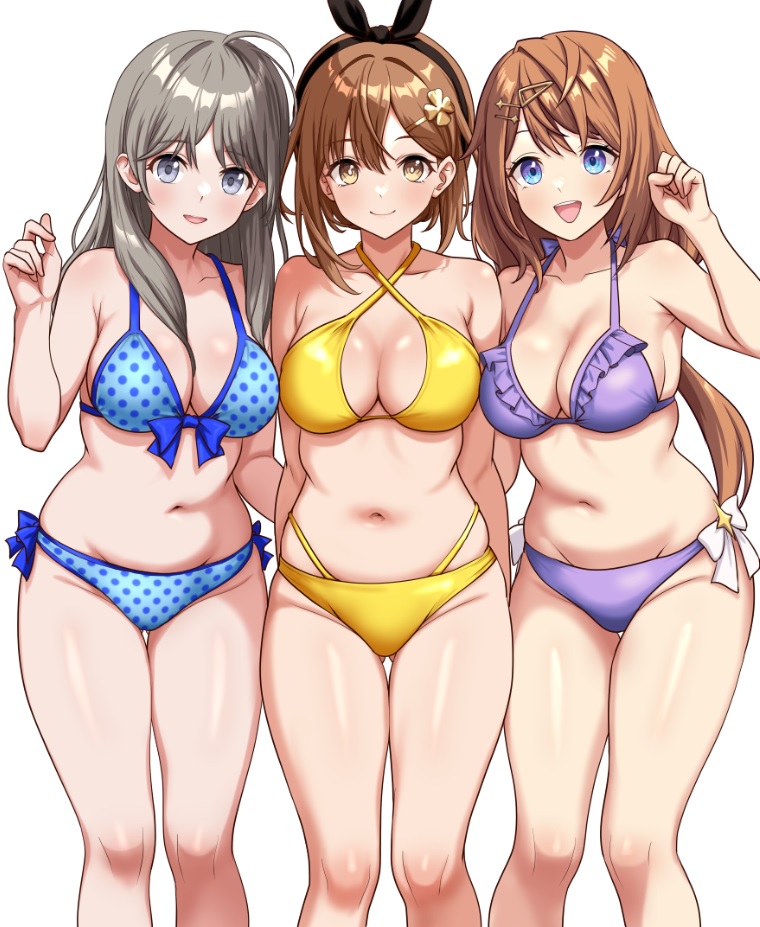 3girls, ahoge, atelier_(series), atelier_resleriana, atelier_ryza, atelier_totori, bare_legs, bikini