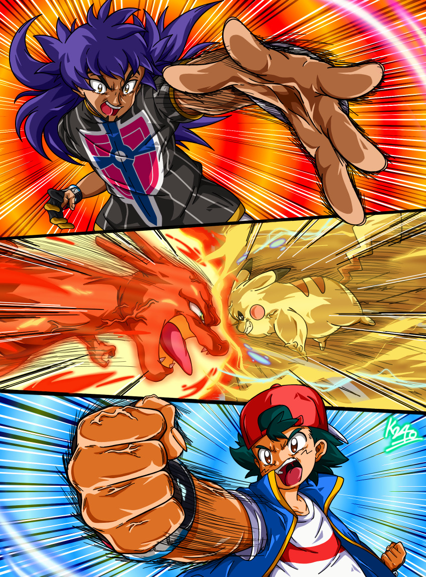 0bd67g5r3250-2m, 2boys, aqua_hair, ash_ketchum, backwards_hat, baseball_cap, black_gloves, black_shirt, blue_vest, bracelet, brown_eyes, champion_uniform, charizard, clenched_hands, clenched_teeth, commentary_request, dark-skinned_male, dark_skin, dynamax_band, electricity, emphasis_lines, facial_hair, fangs, fingernails, fire, fire_blast_(pokemon), foreshortening, gen_1_pokemon, gloves, goatee, hat, highres, jewelry, leon_(pokemon), long_hair, male_focus, mismatched_eyebrows, multiple_boys, nintendo, open_clothes, open_mouth, open_vest, partially_fingerless_gloves, pikachu, pokemon, pokemon_(anime), pokemon_(creature), pokemon_battle, pokemon_journeys, pokemon_move, purple_hair, red_hat, scene_reference, shirt, short_hair, short_sleeves, signature, single_glove, spoilers, t-shirt, teeth, thunderbolt_(pokemon), tongue, tongue_out, upper_body, upper_teeth_only, v-shaped_eyebrows, veins, vest, white_shirt, yellow_eyes