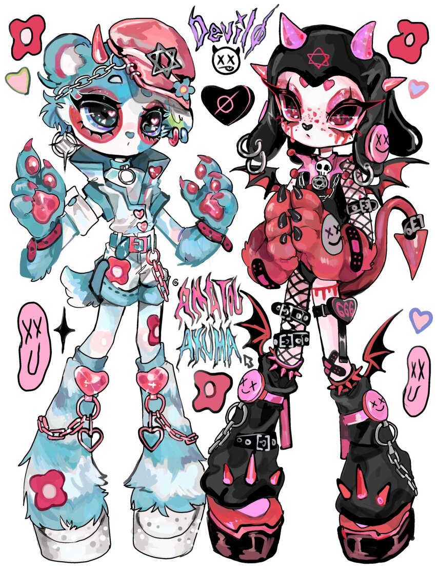 1boy, 1girl, 666, amatou_akuma, animal_ear_hood, animal_ears, animal_hands, arm_belt