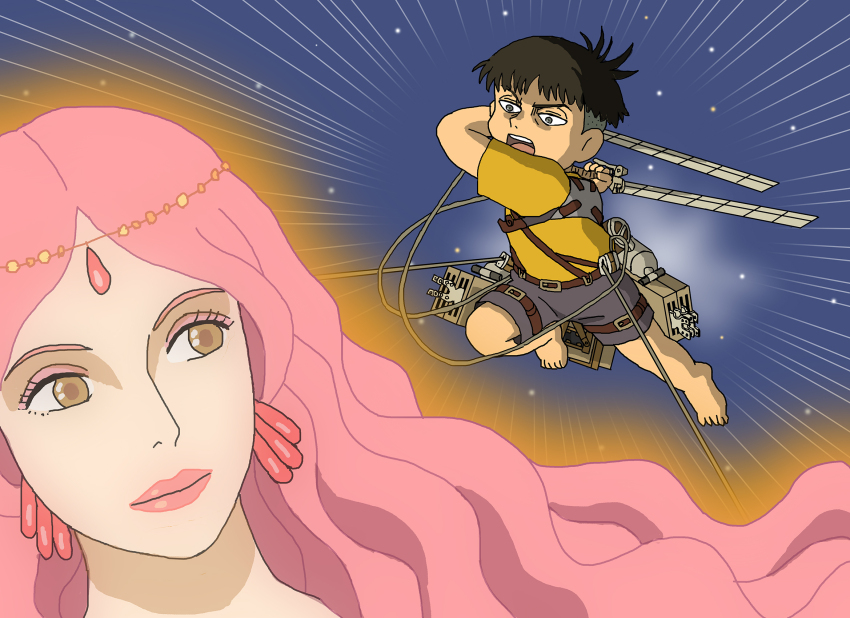 1boy, 1girl, barefoot, black_hair, black_shorts, brown_eyes, commentary_request, dual_wielding