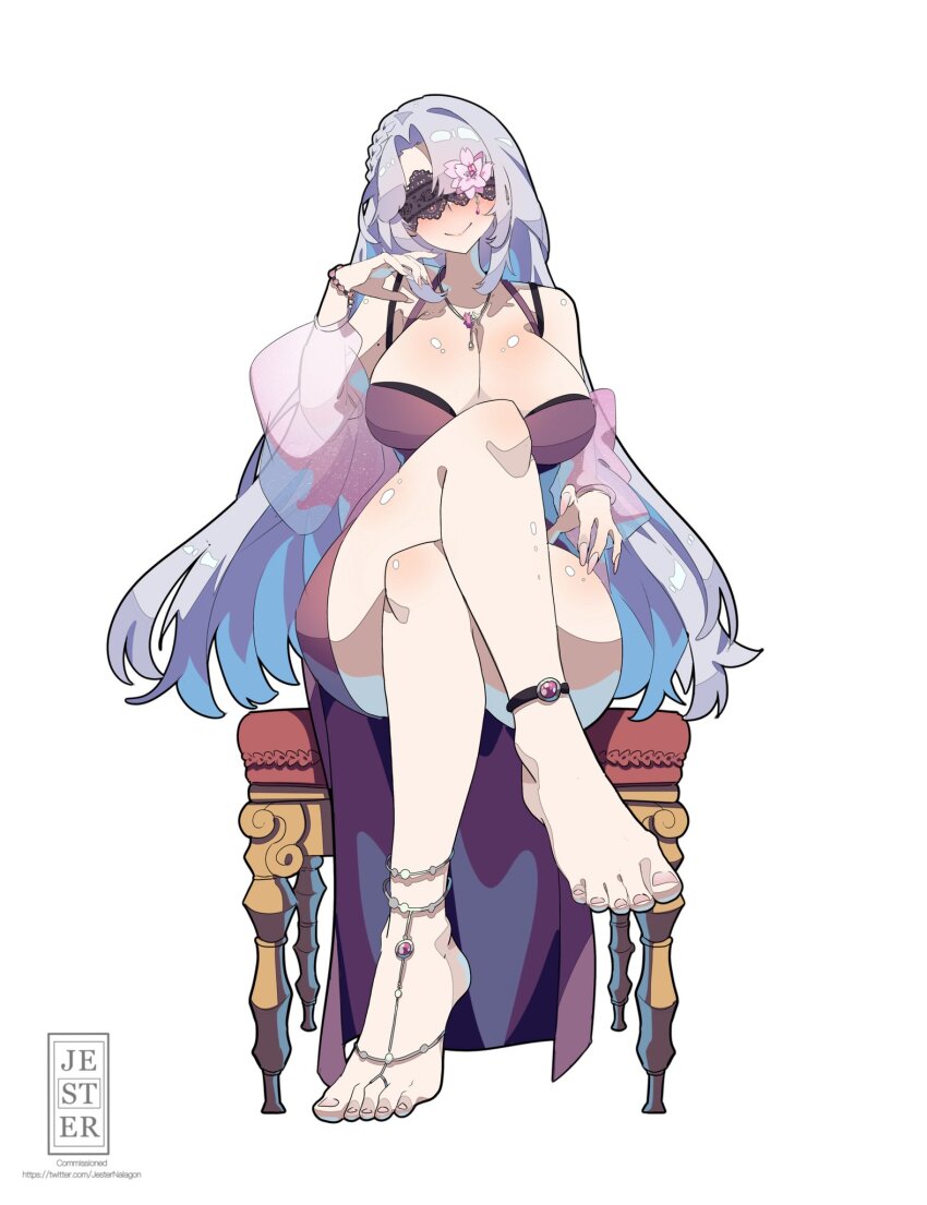 anklet, blindfold, detached_sleeves, feet, fingernails, flower, highres, jesternalagon